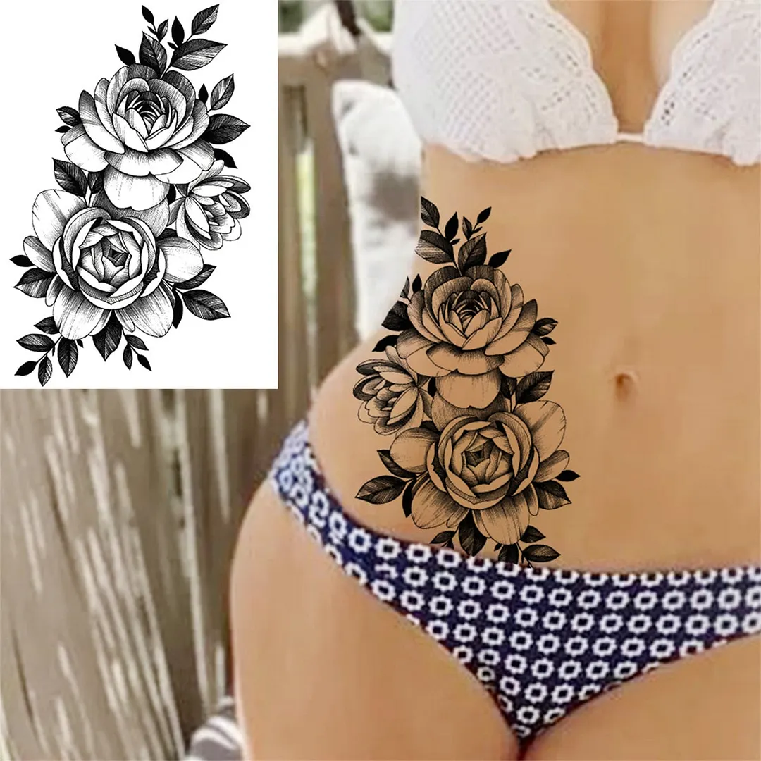 Flower Compass Temporary Tattoo For Women Girls Adult Rose Peony Tattoos Sticker Fake Black Floral Body Art Thigh Tatoos Paper