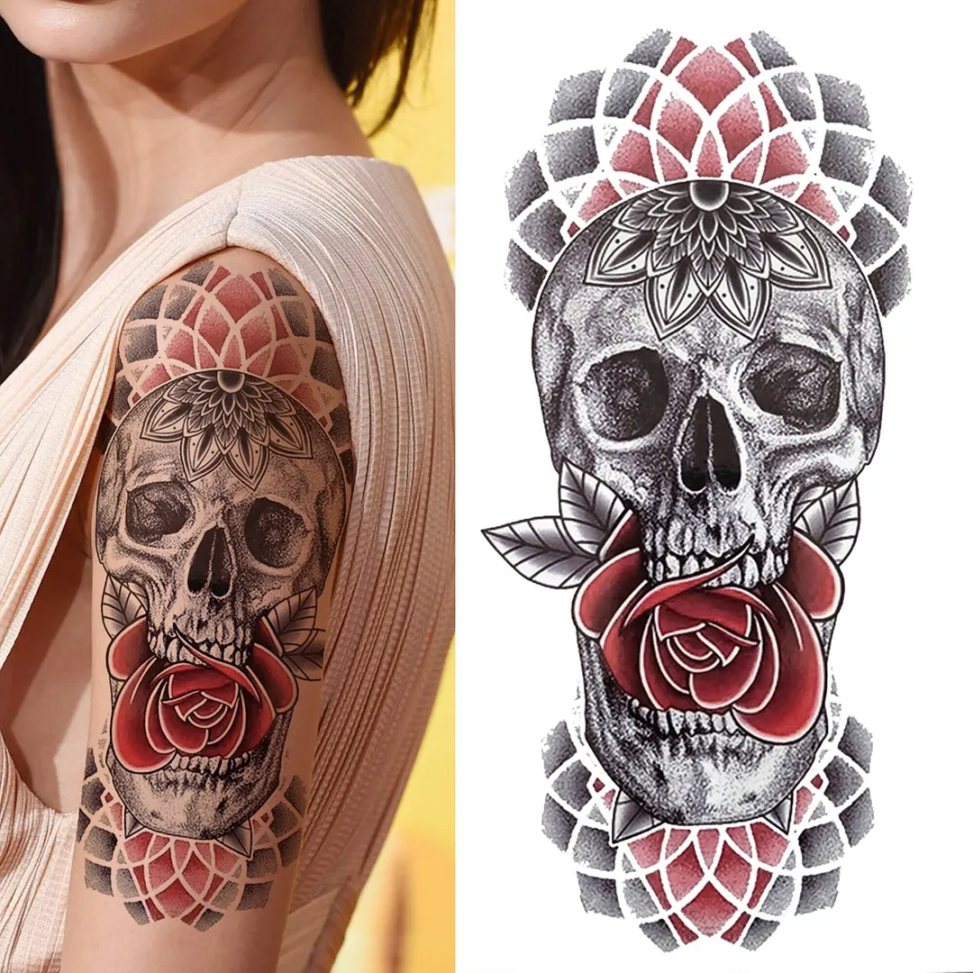 Cross Lion Temporary Tattoo For Women Men Adult Skull Tiger Wolf Forest Tattoo Sticker Black Fake Realistic Demon Tatoos Forearm 530