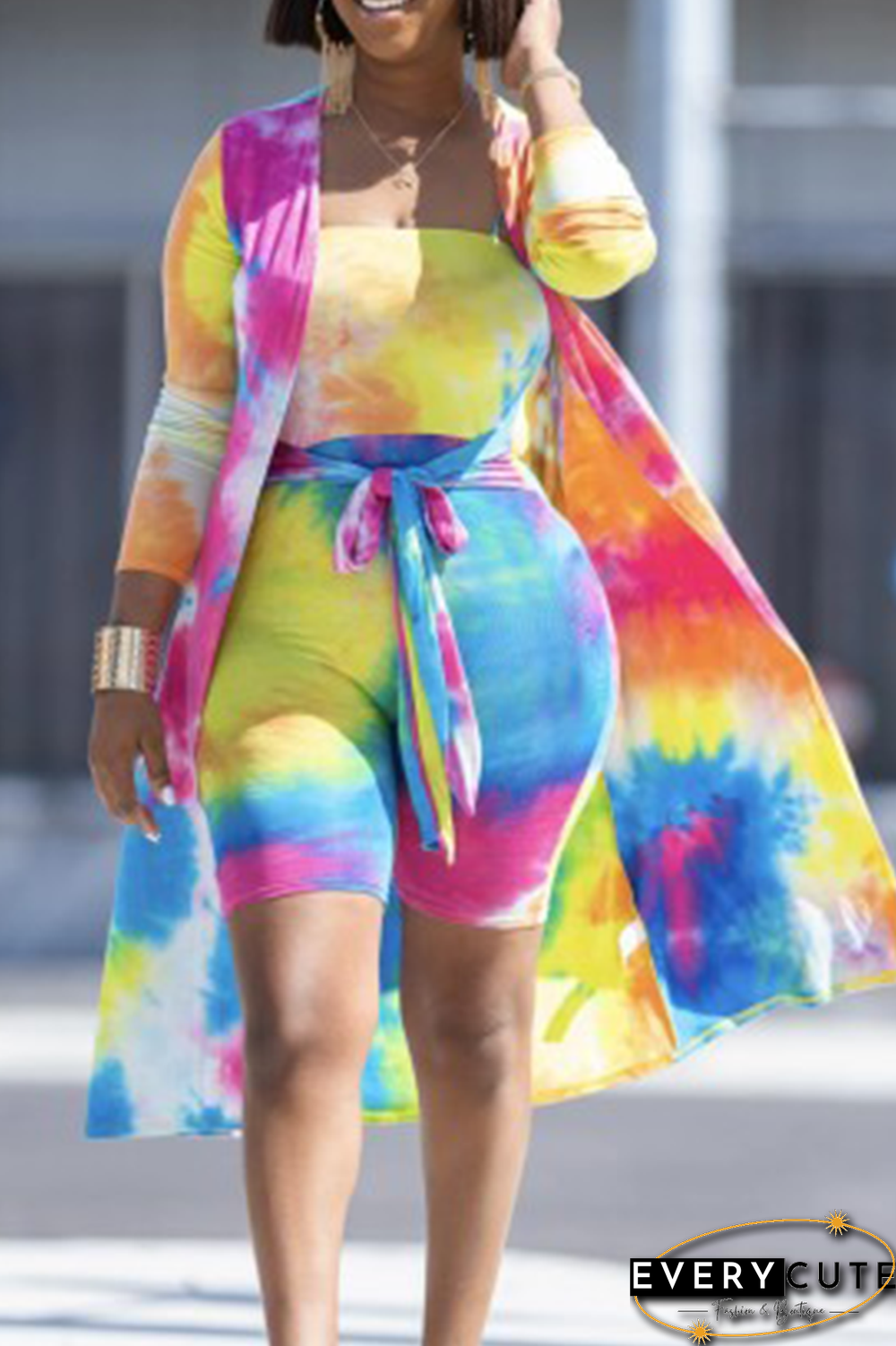 Sexy Patchwork Tie-Dye Strapless Long Sleeve Two Pieces
