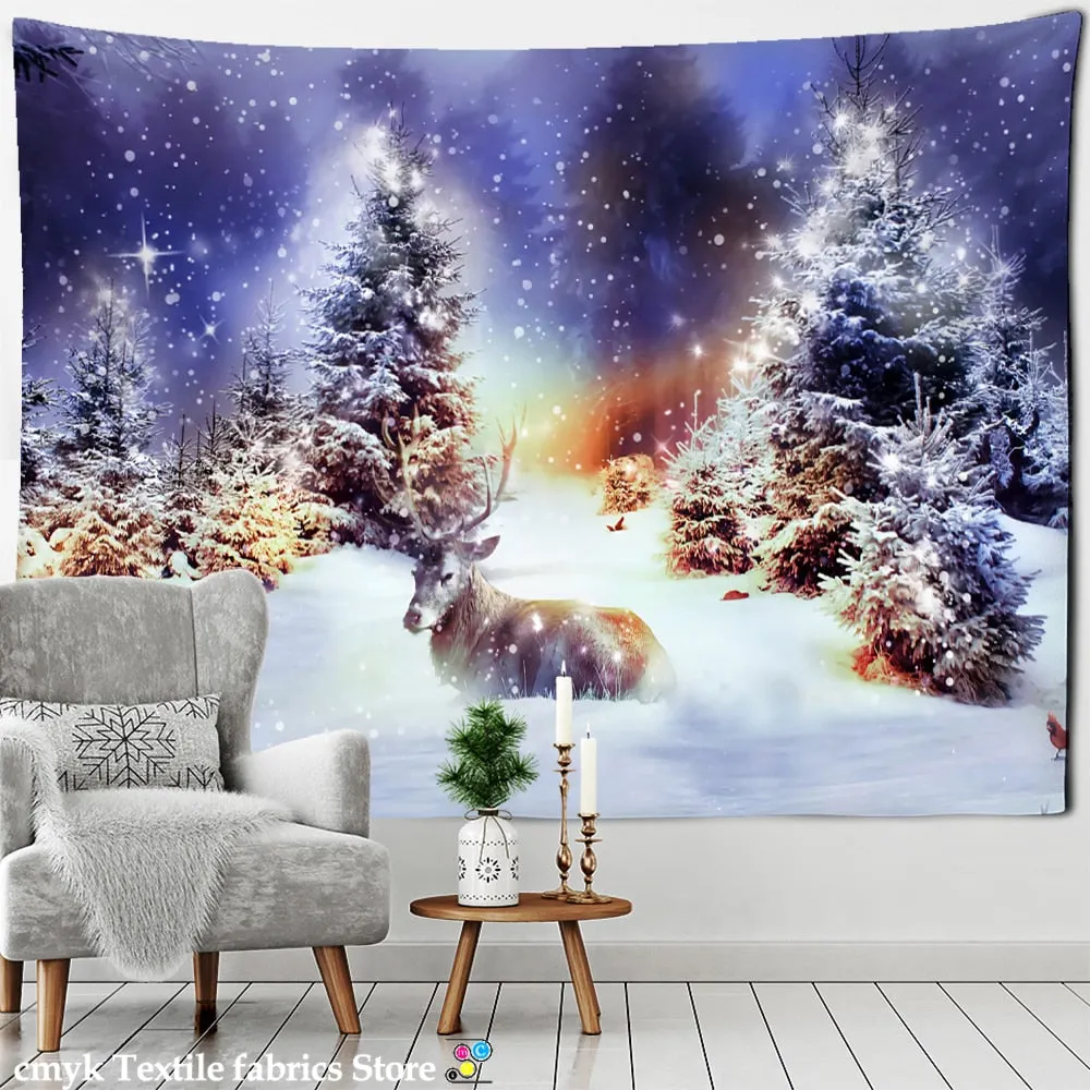 Christmas Tree Snowman Tapestry Wall Hanging Natural Snow Scene Cartoon Oil Painting Aesthetics Room Hippie Home Decor