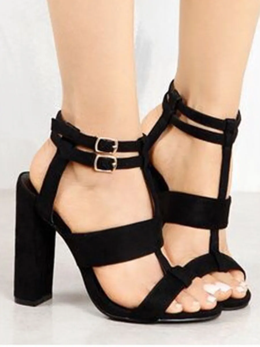 Solid Buckle Strap Heeled Sandals
