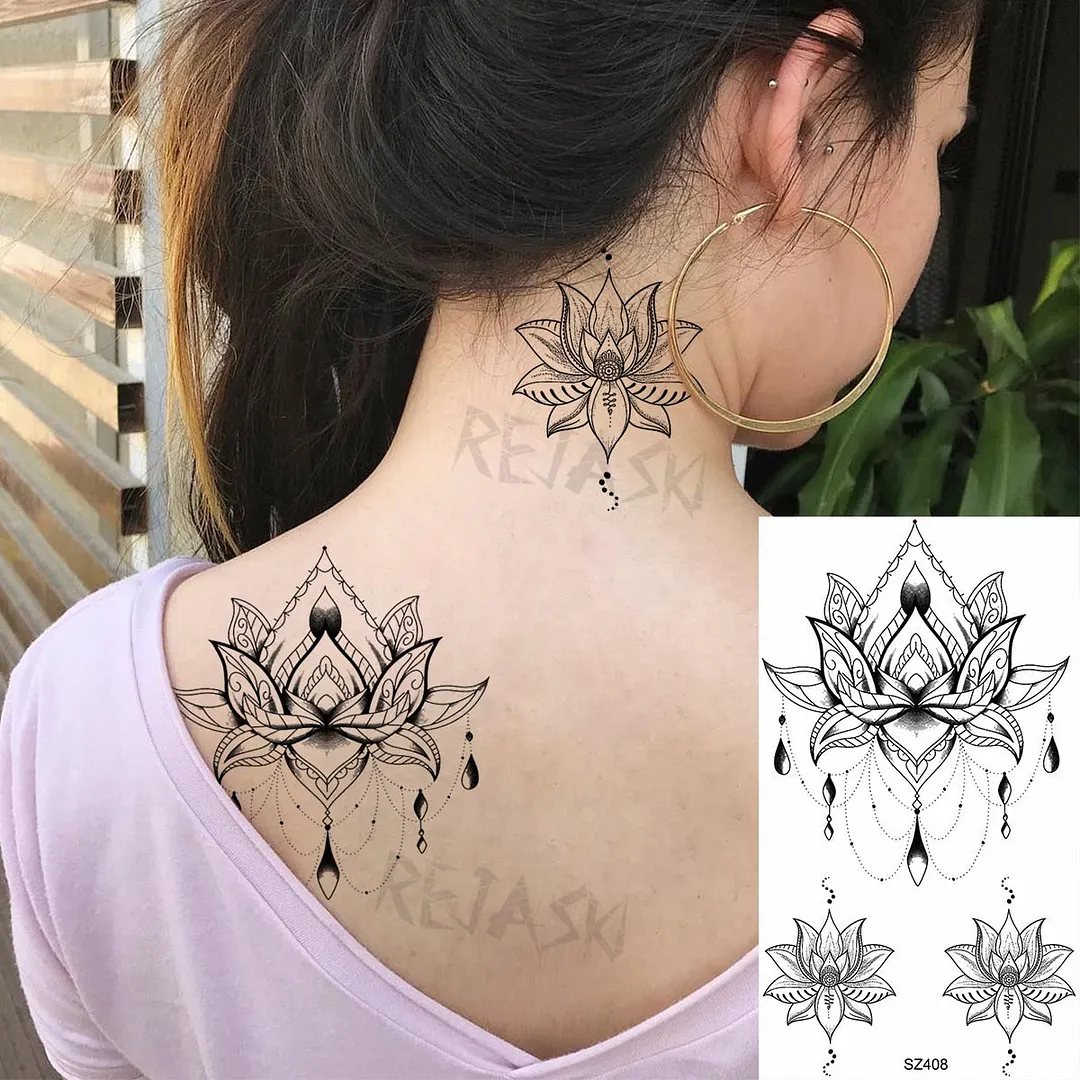 Small Henna Lotus Sexy Back Temporary Tattoos For Women Adult Feather Dandelion Fake Tattoo Body Art Waterproof Tatoos Sticker