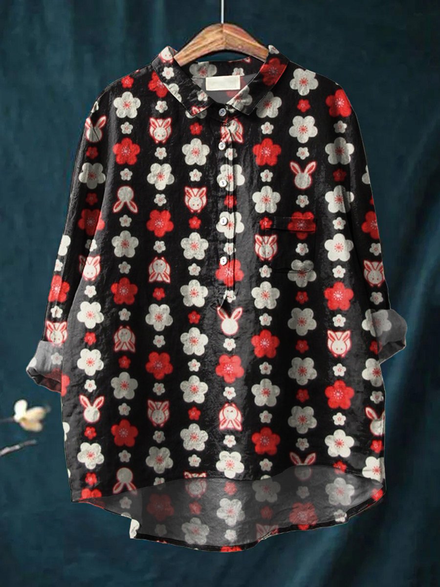 Women's Sakura Bunny Print Casual Cotton And Linen Shirt