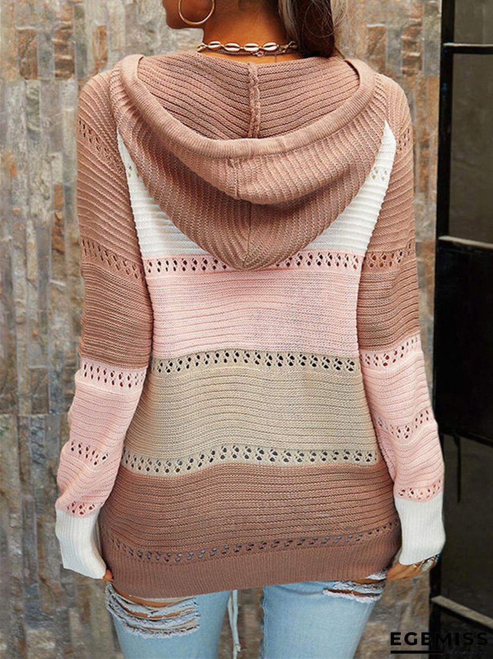 Cardigan Strap Long Sleeve Contrast Color Stitching Sweater | EGEMISS