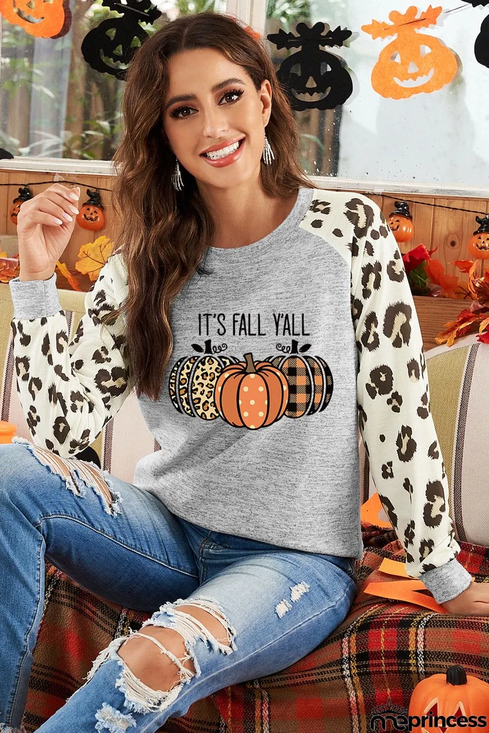 Animal Print Sleeve Halloween Pumpkin Raglan Top
