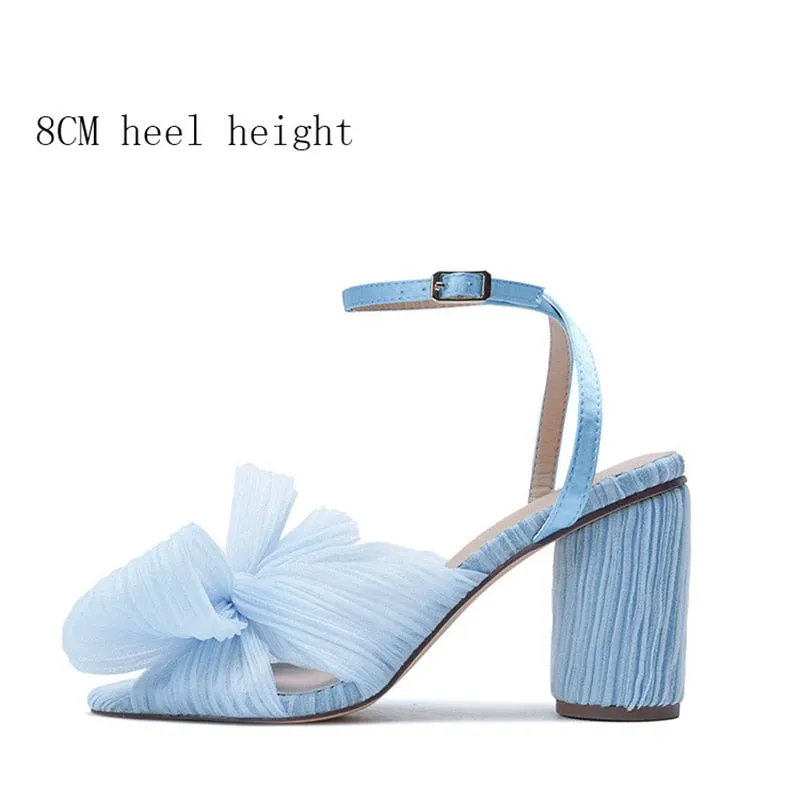 Women Sandals New Brand Summer Shoes Pleated Bow-Knot Round Heels Open Toe Dress Shoes Big Size Party Wedding Shoes