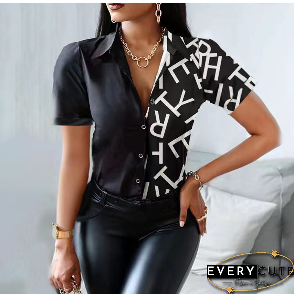 Summer Women Black Floral Print Top Shirt Fashion Casual Short Sleeve Turn-down Collar Tops Shirts New Elegant Slim Button Shirt