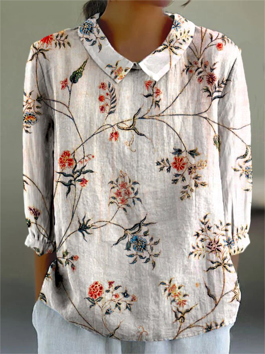 Women's Vintage Floral Art Print Casual Cotton And Linen 3/4 Sleeve Shirt