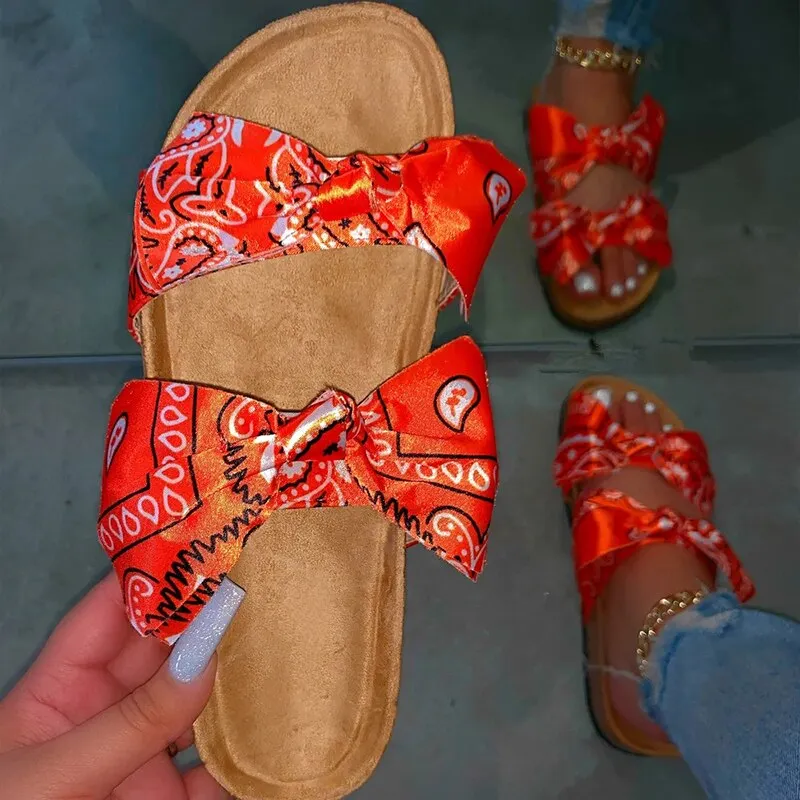 New Summer Women Sandals Silk Bow Flat Shoes Ladies Beach Shoes Slipper Outdoor Fashion Student Home Casual Slippers 35-43