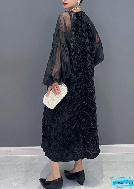 Women Pink O-Neck Tulle PatchworkFloral Maxi Dress Long Sleeveless