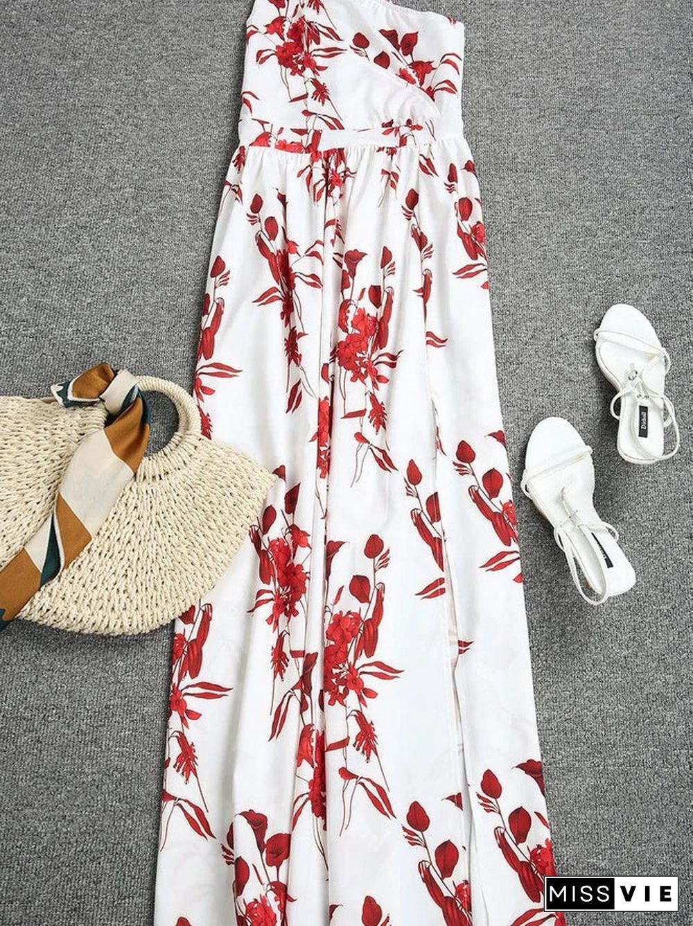 Romantic Red Flower Asymmetrical Keyhole Maxi Dress