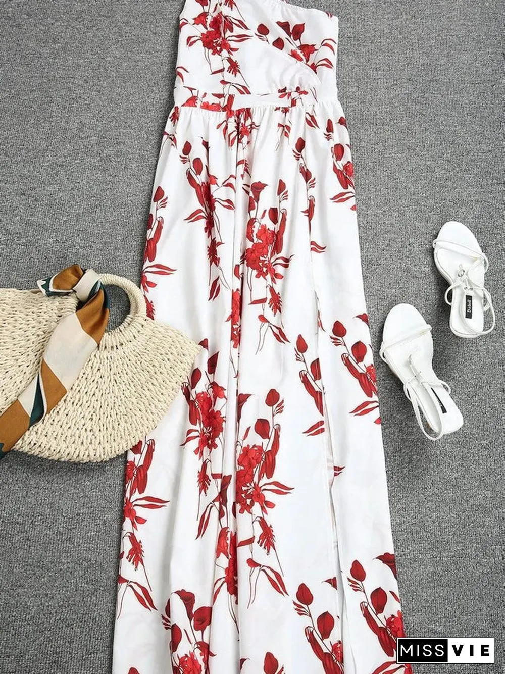 Romantic Red Flower Asymmetrical Keyhole Maxi Dress