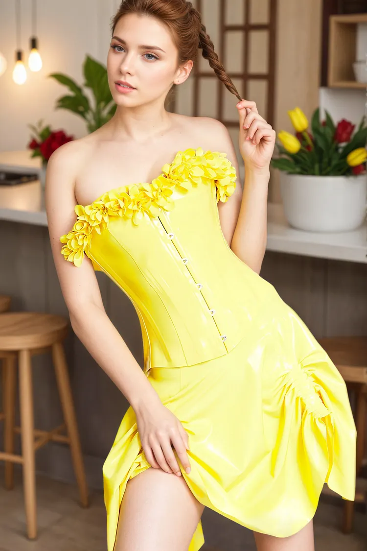 Women Latex Corsets Blossom Time Fitted Yellow Corset Floral  decorated Neckline Romantic Style
