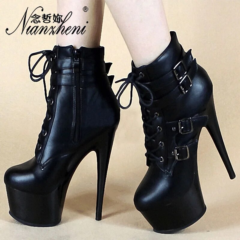 VCshoes Shoes Exotic Round Toe Pole Dance Gothic Women Boots 15cm Ankle Boots Crossdresser Buckle Black 6Inch High Stripper Heels