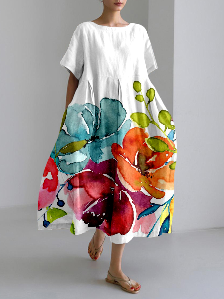 Bright Watercolor Peonies Art Linen Blend Maxi Dress artswardrobe