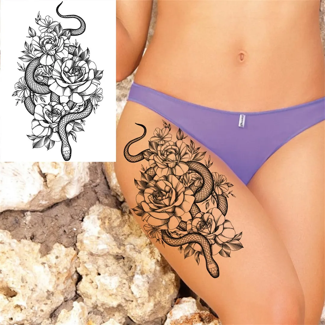 Flower Compass Temporary Tattoo For Women Girls Adult Rose Peony Tattoos Sticker Fake Black Floral Body Art Thigh Tatoos Paper
