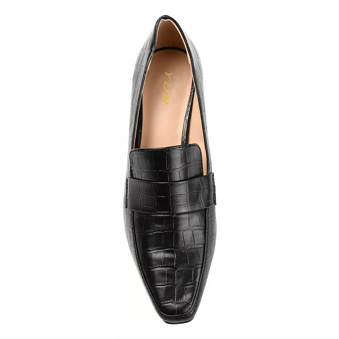 Classic Black Square Toe Crocodile Embossed Kitten Heeled Loafers