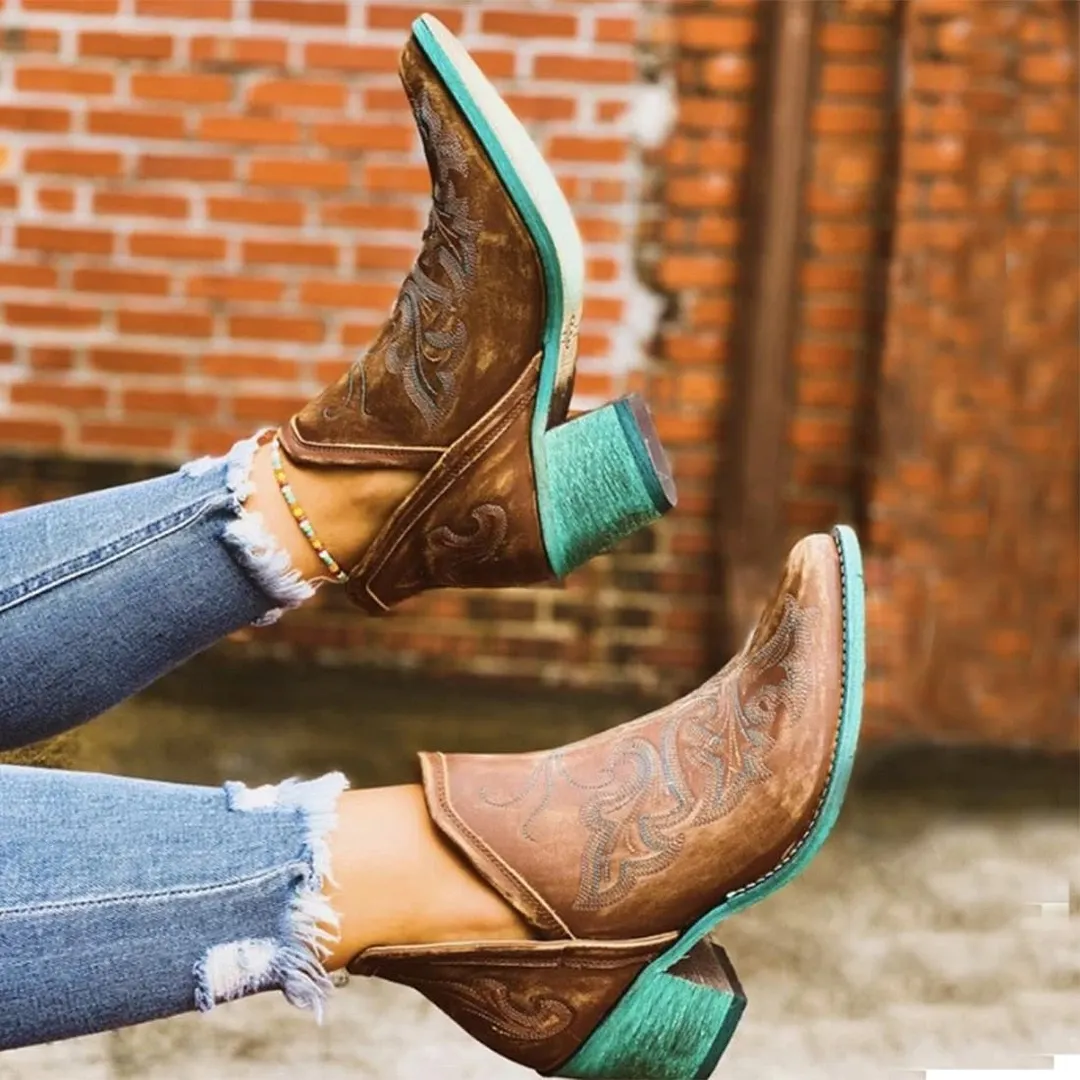 Miaoguan Autumn Winter Casual Western Cowboy Ankle Boots Women Leather Cowgirl Boot Short Cossacks Botas High Heels Shoes Mujer