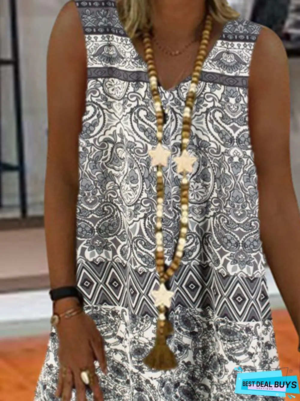 Casual Sleeveless V Neck Printed Weaving Dress