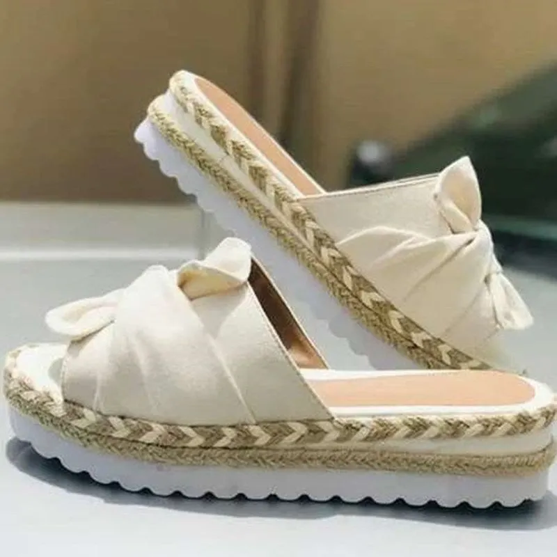 Hemp rope sponge cake platform sandals and slippers women summer new style bowknot straw woven large size slippers