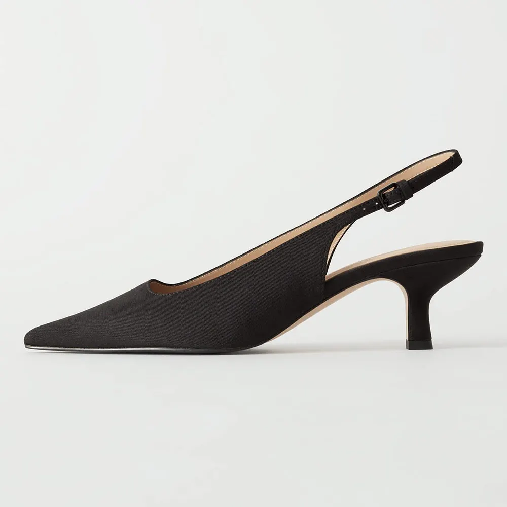 Black Fabric Slingback Kitten Heel Pointed Buckle Pumps Shoes