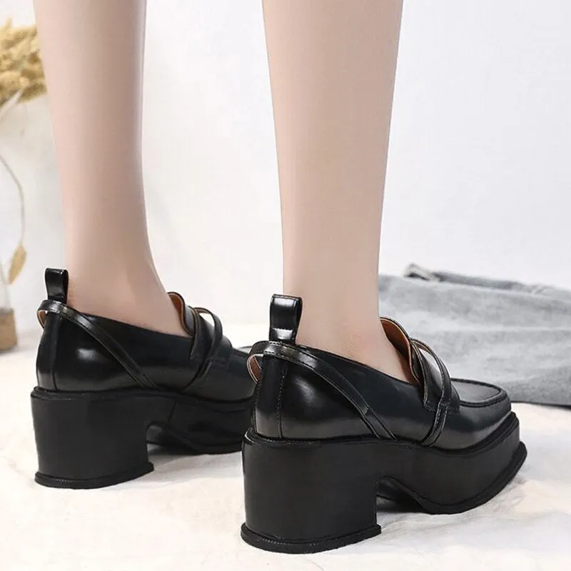 Women High Chunky Heels Pumps Vintage Square Toe British Style PU Leather Shoes Woman 2022 Spring Slip On Platform Shoes
