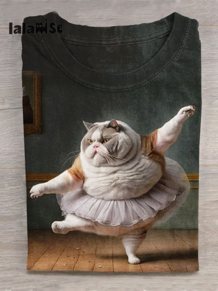Cute Cat Dancing Art Print Casual T - Shirt Multicolor / S