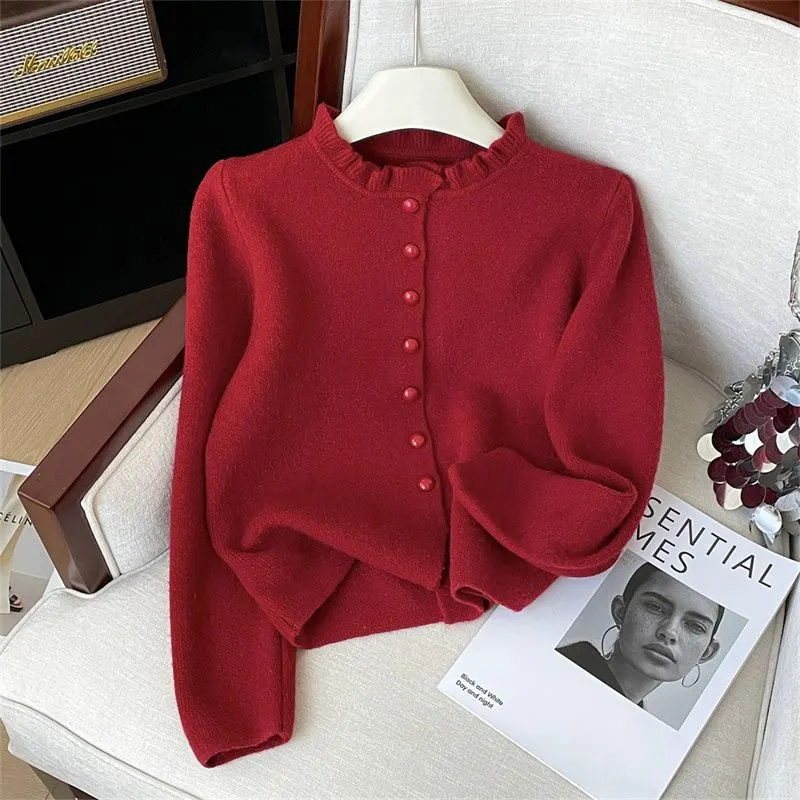 Uveng Uveng New Pink French Gentle Knitted Autumn And Winter Cardigan High-End Blouse Small Scented Wind Ear Sweater Coat