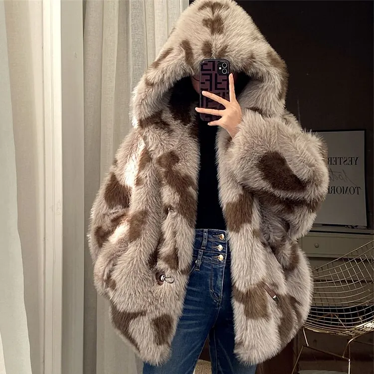 Luxury Hooded Tie-dye Long Sleeve Thick Faux Fur Fluffy Coat