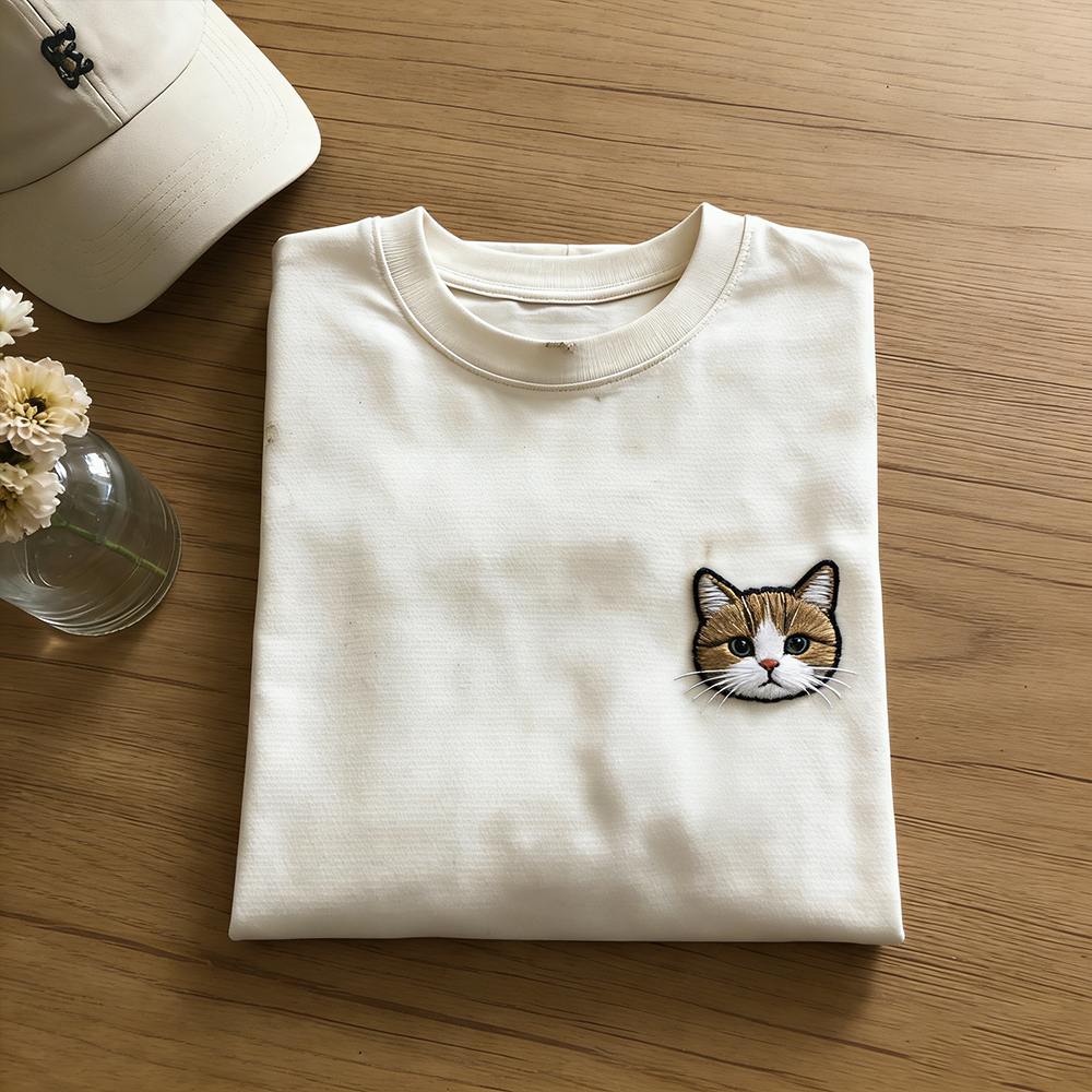 Cute Orange Cat Head Avatar Embroidered Vintage Washed Short Sleeve T-shirt elevenforest