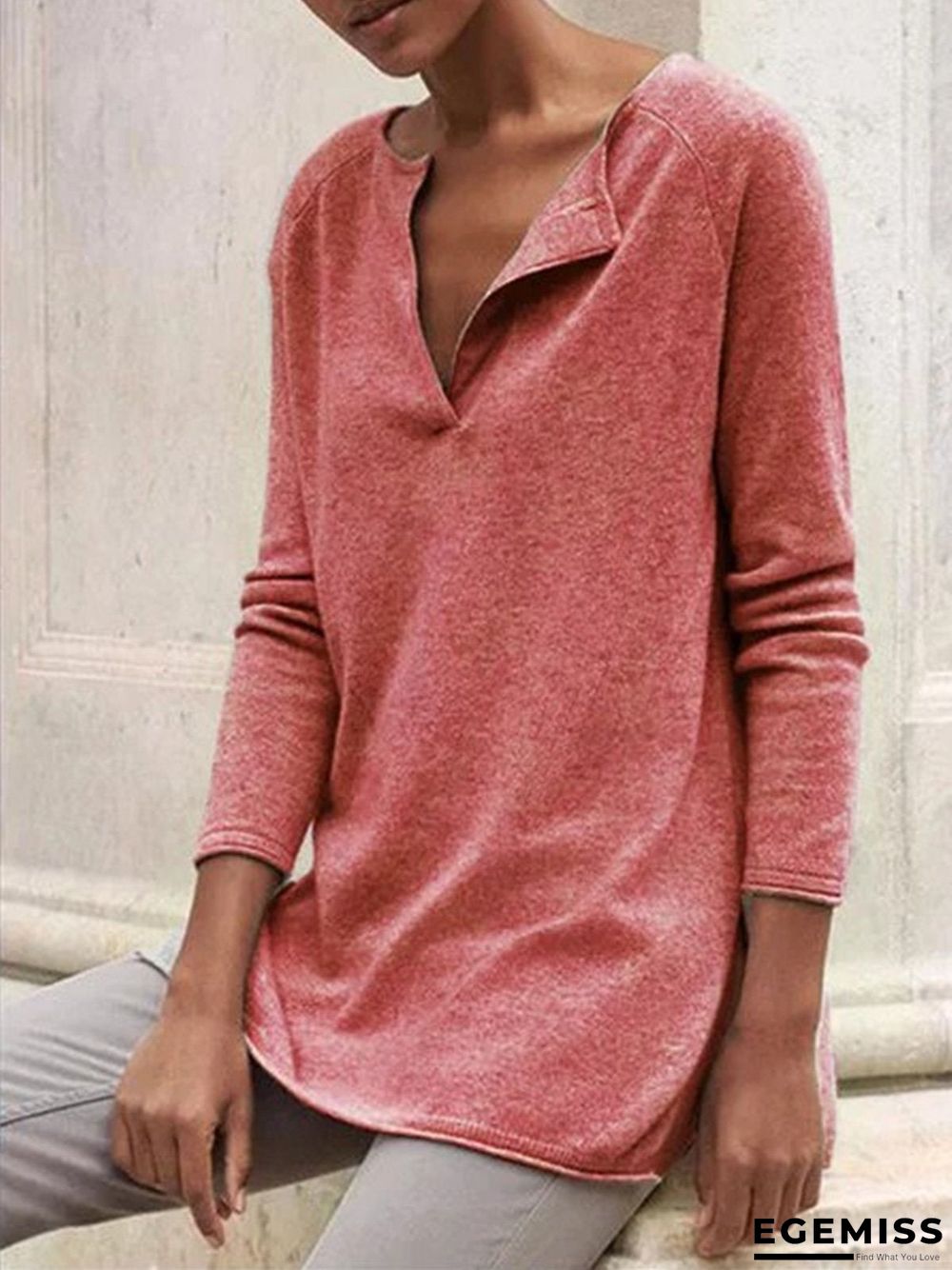 Gray Plain Casual Cotton-Blend Sweater | EGEMISS