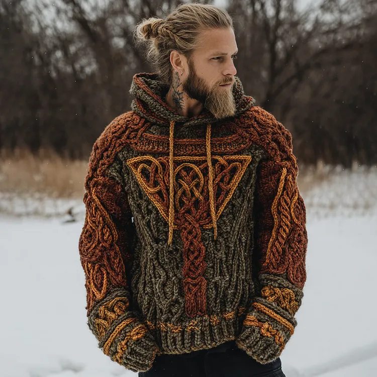 Men's Vintage Viking Celtic Knot Contrast Art Knit Hooded Sweater