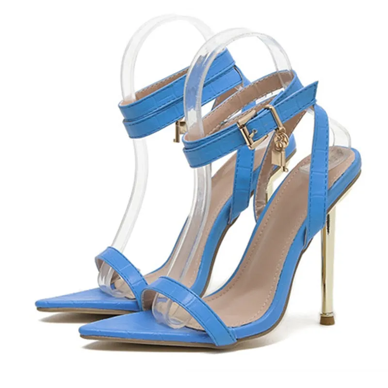 Summer 2022 Womens Fashion Pointed Toe Metal Thin High Heels Sexy Sandals Gladiator Ankle Buckle Strap Stiletto Shoes Black Blue
