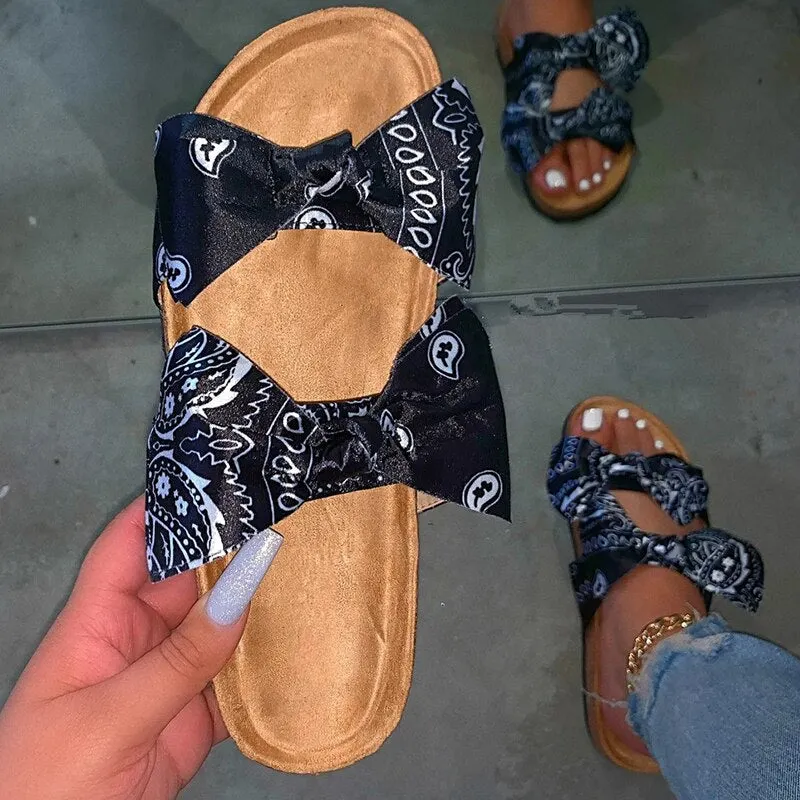 New Summer Women Sandals Silk Bow Flat Shoes Ladies Beach Shoes Slipper Outdoor Fashion Student Home Casual Slippers 35-43