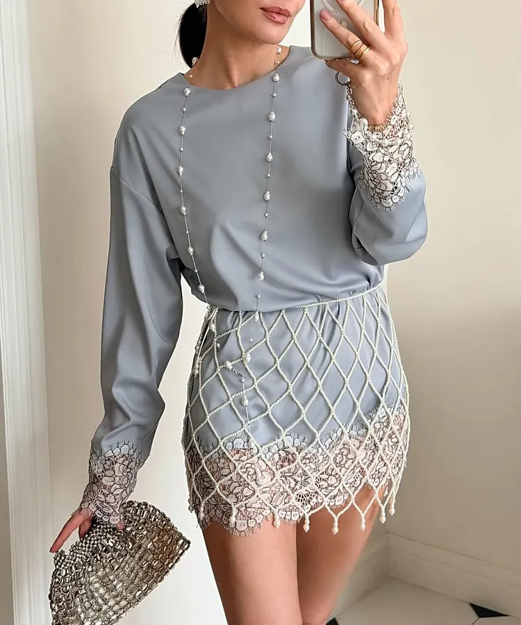 Satin & Lace Paneled Dress with Pearl-Embellished Mesh Belt &mdash; Two-Piece Set