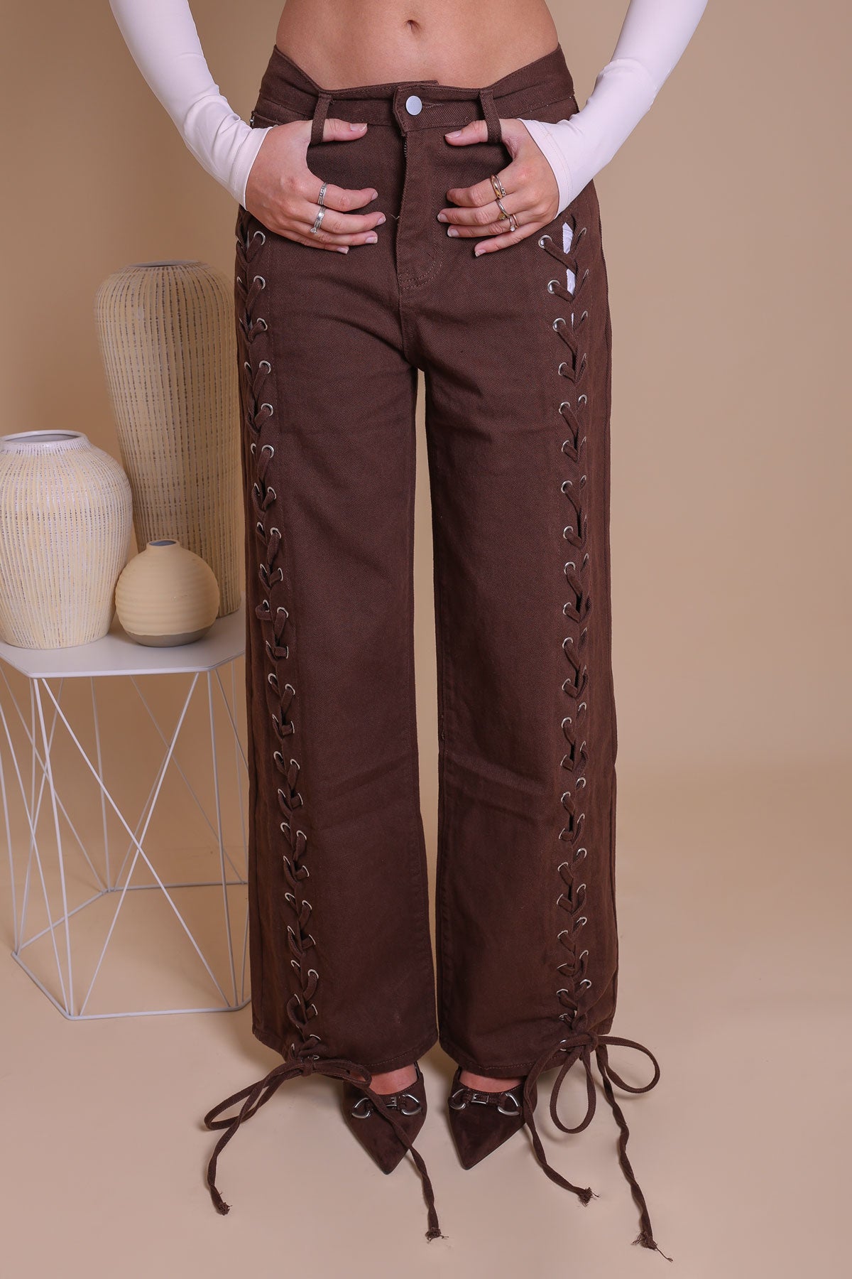 Brown Lace-Up Detail Wide-Leg Jeans