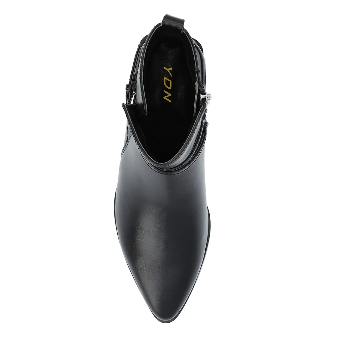 Vegan Leather Pointed Side-Zip Decorative Heel Black Ankle Boots