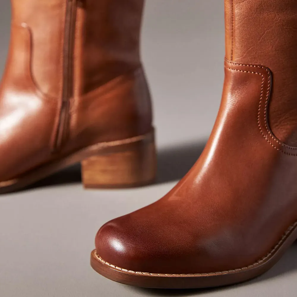 Ombre Brown Vegan Leather Round Toe Retro Knee-High Heel Boots