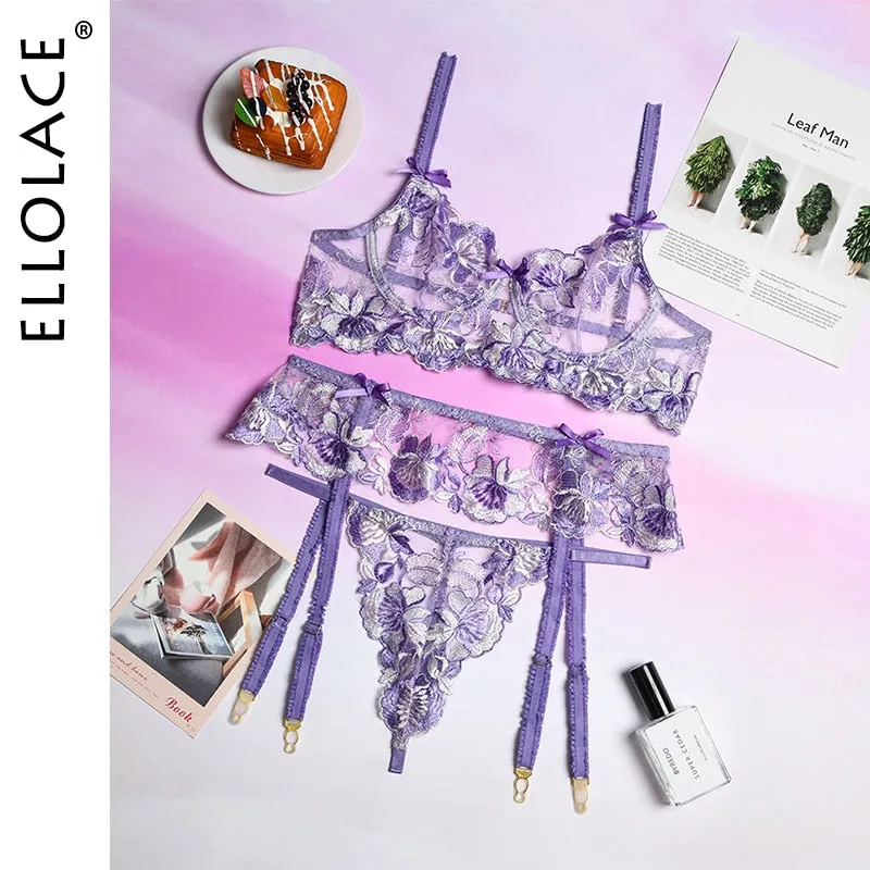 Ellolace Beautiful Erotic Sensual Lingerie Woman Floral Lace Transparent Bra And Panty Set Push up Underwire Seamless Underwear