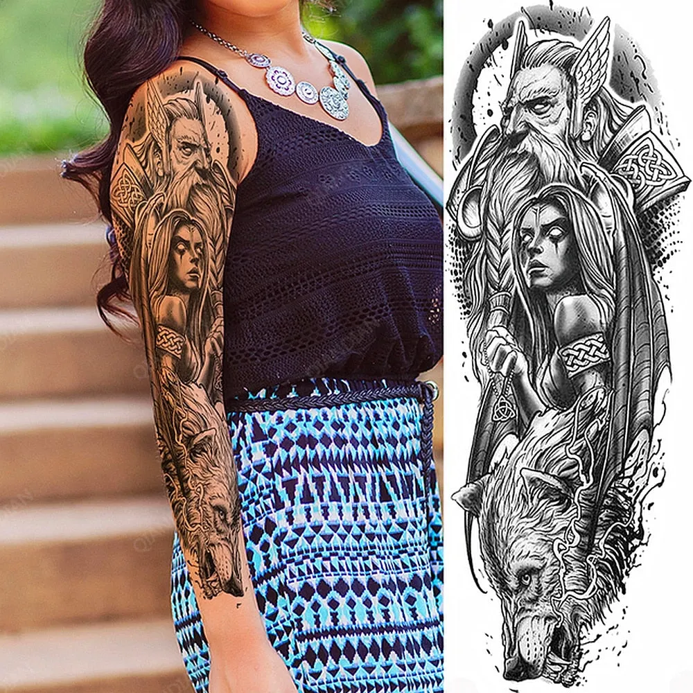 Large Arm Sleeve Tattoo Rose Lion Wolf Waterproof Temporary Tatto Sticker Flower Clock Waist Leg Body Art Full Fake Tatoo Women