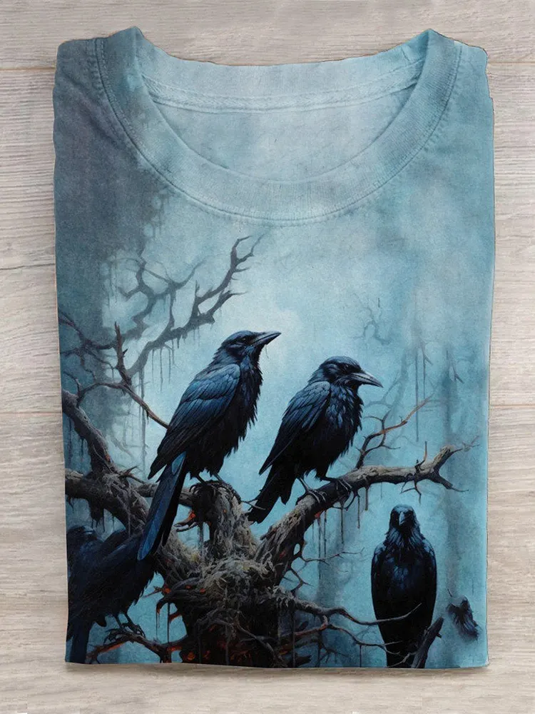 Unisex Halloween Raven Print Casual T-Shirt