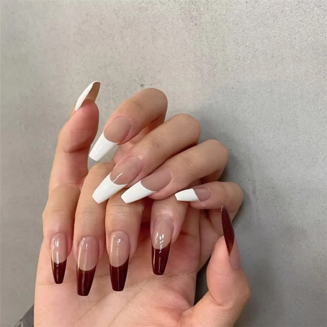 24pcs White Waves Printed False Nail Patch Glue Type Removable Long Paragraph Fashion Manicure Coffin Fake Nail Ballerina Art