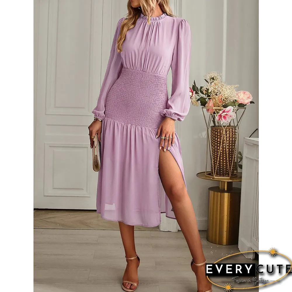 Pink Ruffle Detail Pleated Chiffon Midi Dress
