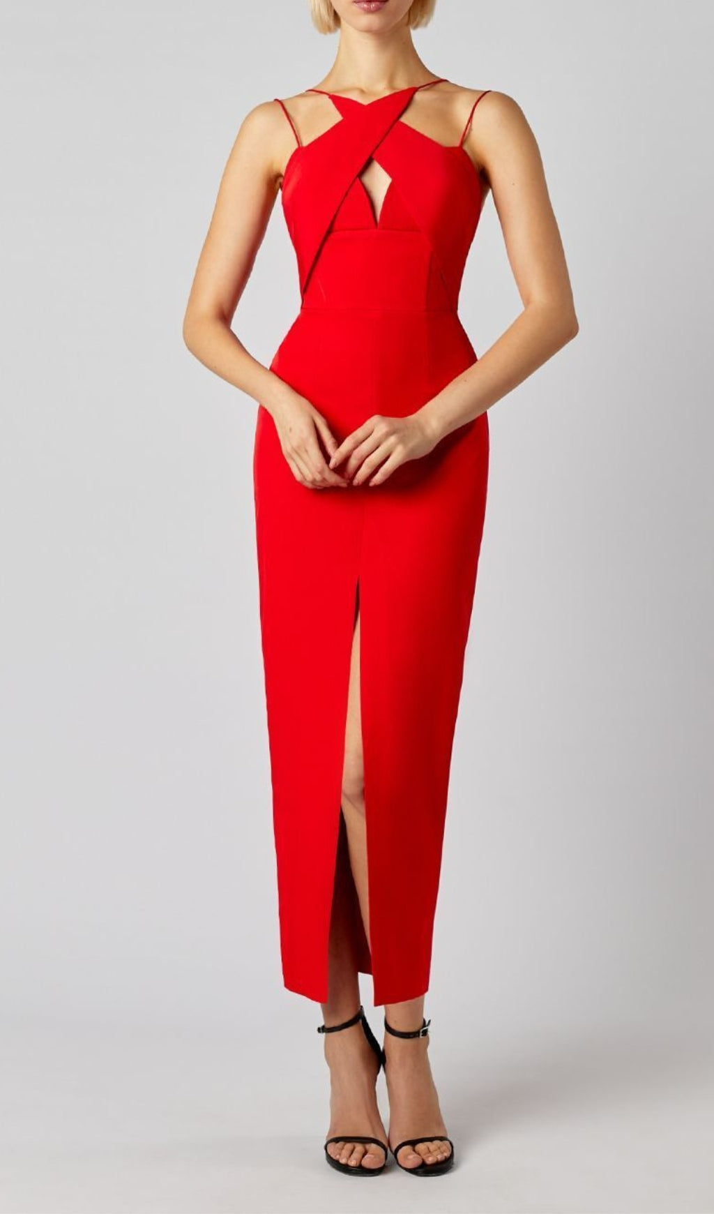 Fashionslee WomenSleeveless Key Hole Split Backless Red Bandage Midi Dress