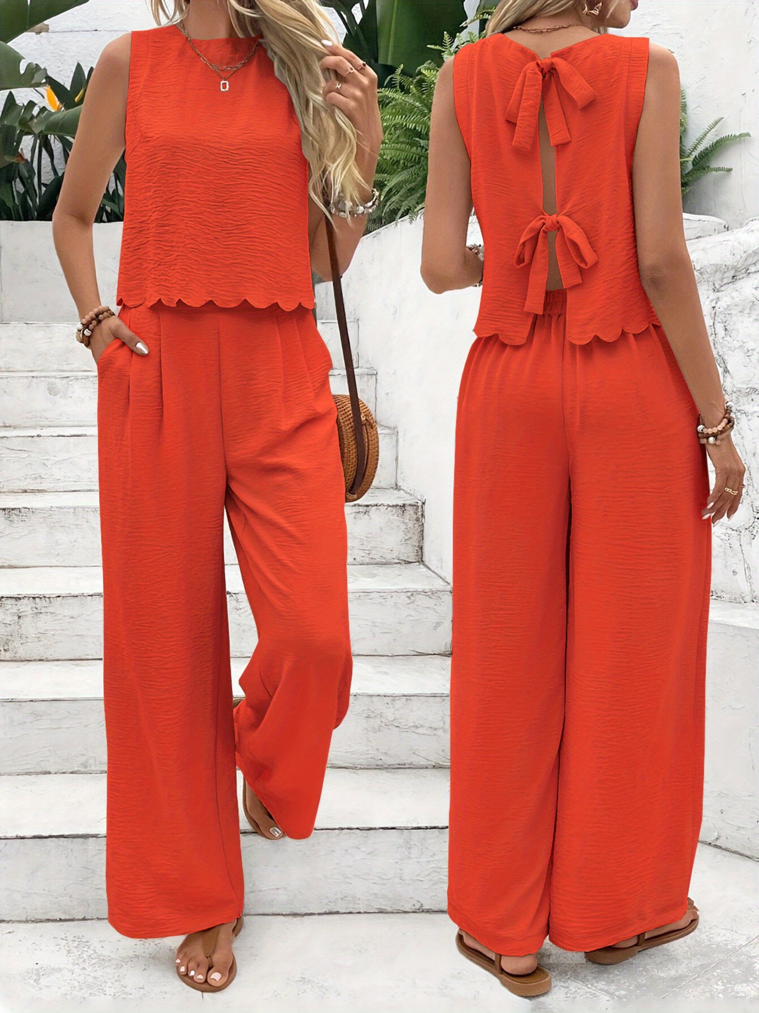 2pcs Women's Casual Summer Set Bow Detail Sleeveless Top With Wide-Leg Pant | IFYHOME