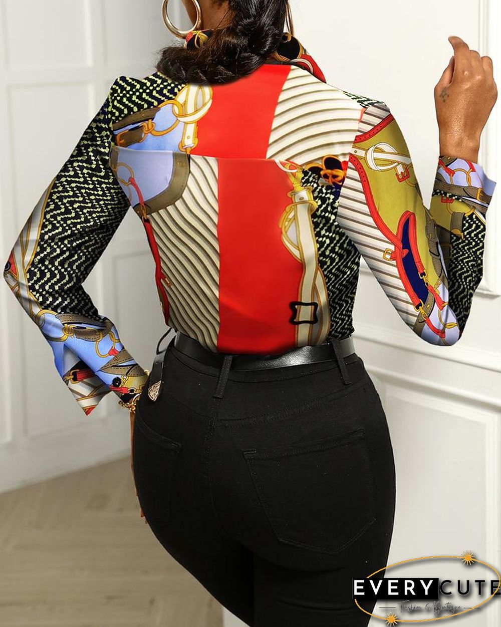 Scarf Print Colorblock Buttoned Long Sleeve Shirt