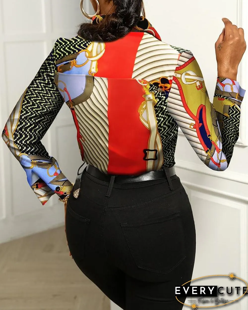 Scarf Print Colorblock Buttoned Long Sleeve Shirt