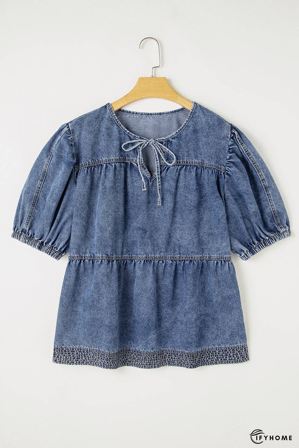 Plus Size Denim V-Neck Puff Sleeve Blouse | IFYHOME