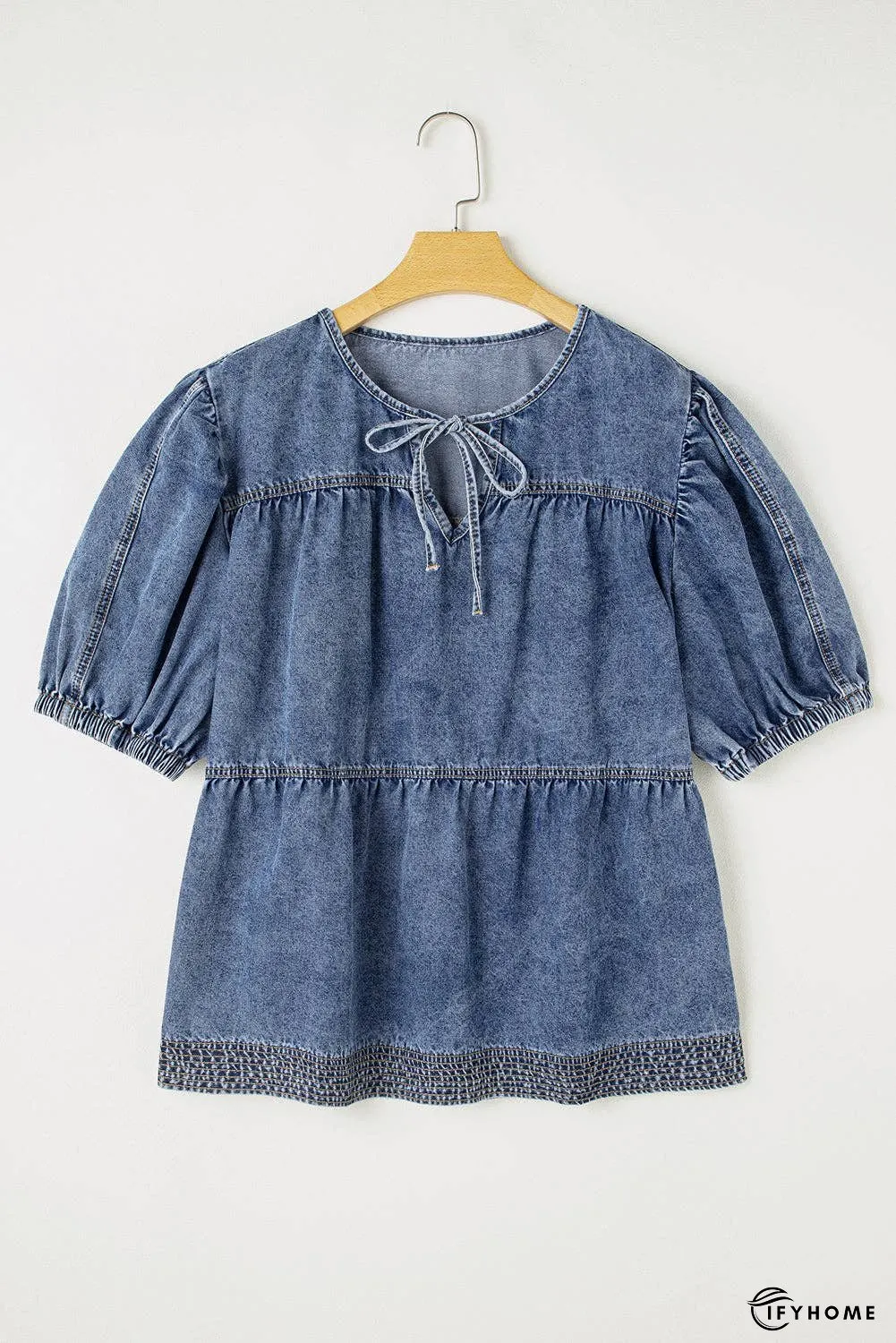 Plus Size Denim V-Neck Puff Sleeve Blouse | IFYHOME