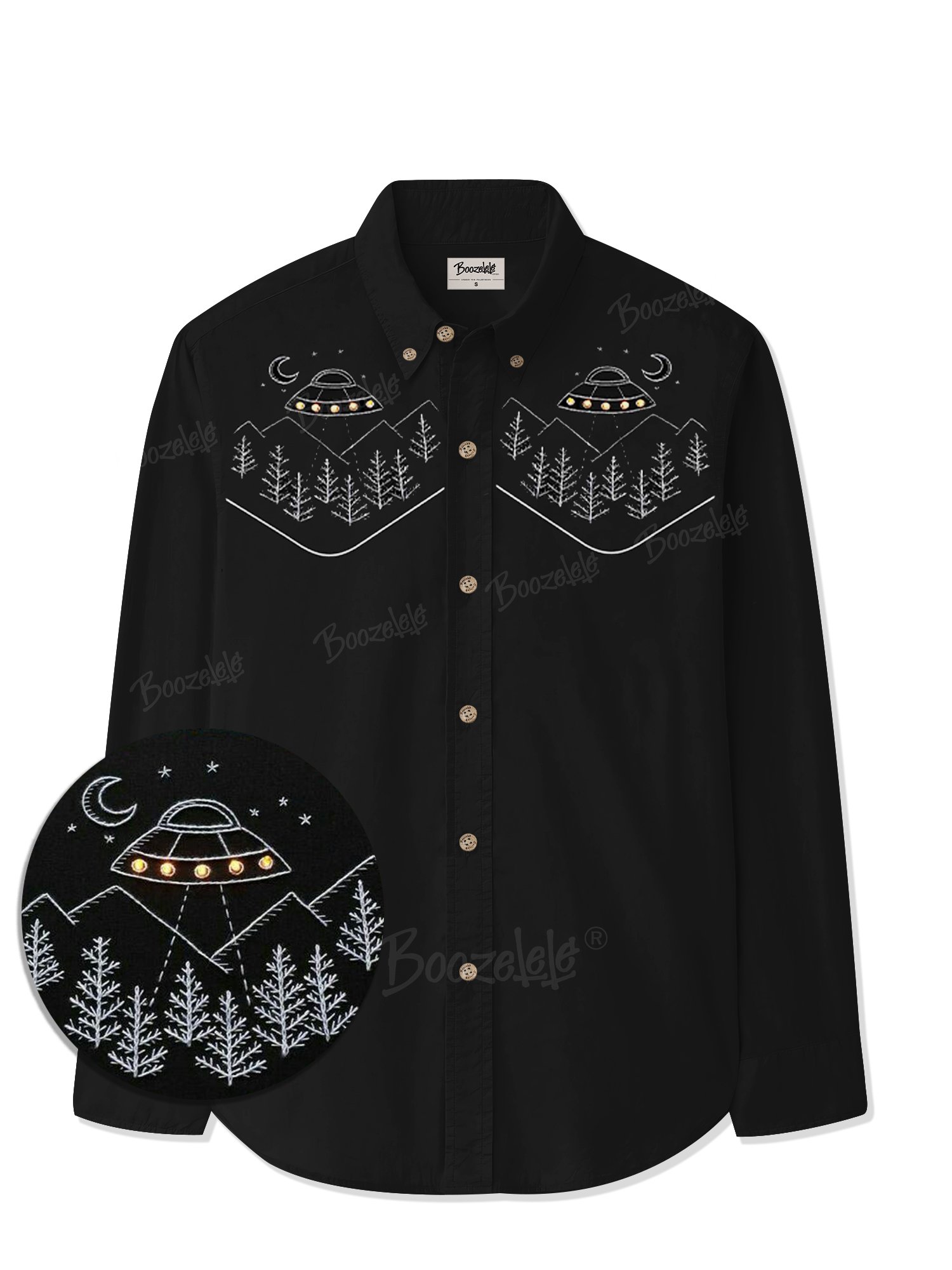 【Embroidery】UFOs In The Mountains - 100% Cotton Long Sleeves Shirt